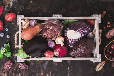 High angle view of various fruits on table