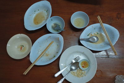 High angle view of breakfast on table