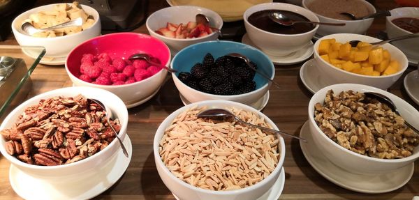 High angle view of breakfast on table