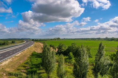Scenic view of agricultural field against sky