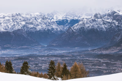 Scenic view of snow covered mountains