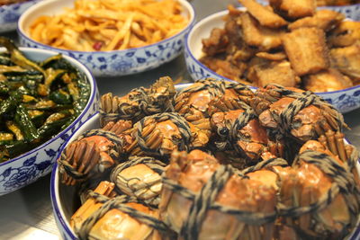 High angle view of food in plate on table