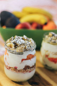 Close-up of vegan dessert on table, overnight oats