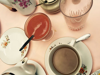 High angle view of tea served on table