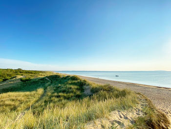 Scenic view of sea against clear blue sky