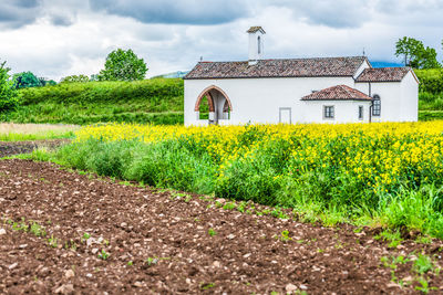 House on field by houses against sky