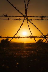 Close-up of water drops on silhouette metal against sky during sunset