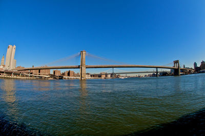 Bridge over calm river against clear blue sky