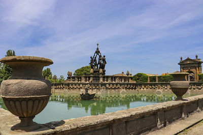 Fountain against building