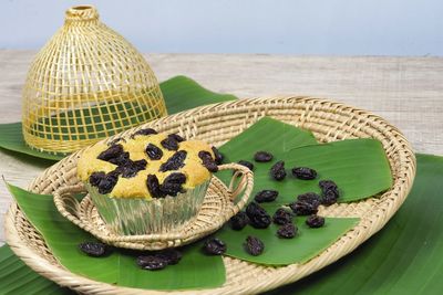 Close-up of cake in basket on table