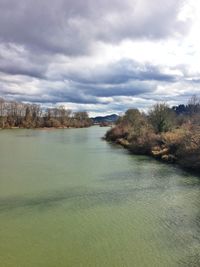 Scenic view of lake against cloudy sky