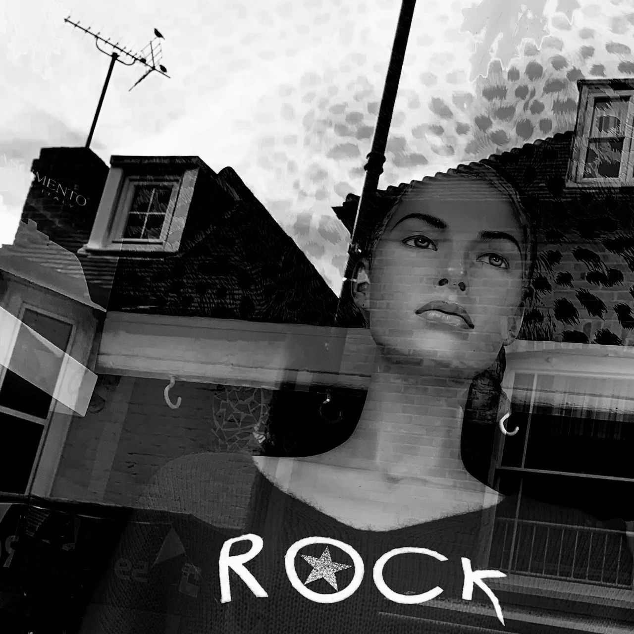 ON THE DARK SIDE OF THE DAY: Even a rocker stops to silently listen in the quiet of the evening to little birds singing (Simply collaged naturally by reflective light) Black And White One Person Reflection Reflection_collection Bnw Bnw_collection Bnwphotography Throughmyeyes Through My Eyes Through The Window Contemporary Art Contemporary Photography Fineartphotography Fineart_photobw Fineart_photo Collage Collage Art TOWNSCAPE Urban Skyline Mannequin Photoart