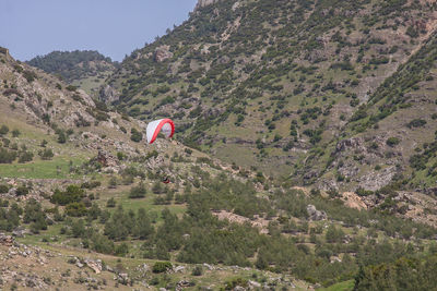 Person on mountain against sky