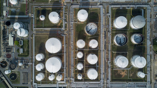 Aerial view liquid chemical tank terminal, storage of liquid chemical and petrochemical products.