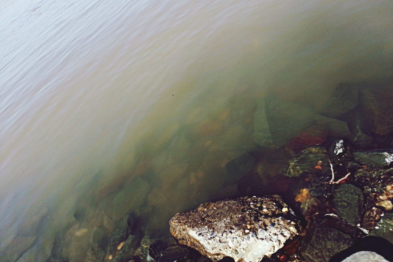 water, high angle view, rock - object, tranquility, nature, beauty in nature, tranquil scene, scenics, rock formation, beach, day, outdoors, rock, sea, shore, no people, textured, rough, wood - material, idyllic