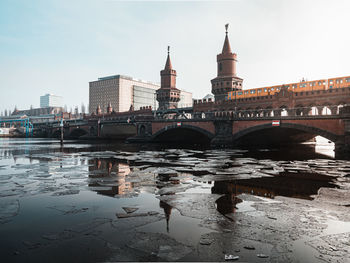 Bridge over river with buildings in background