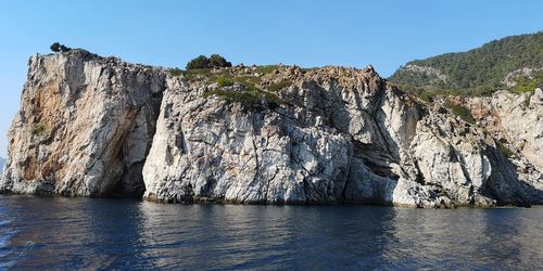 Rocks by sea against clear sky