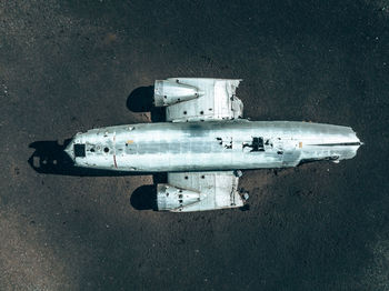 Aerial view of the old crashed plane abandoned on solheimasandur beach near vik,iceland.