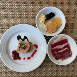 High angle view of breakfast served on table