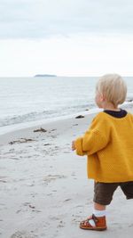 Rear view of boy standing on beach