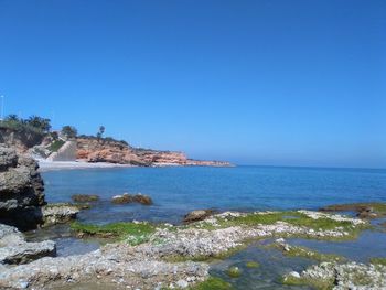 Scenic view of sea against clear blue sky