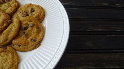 High angle view of cookies in plate on table