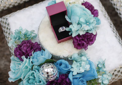 High angle view of various flowers on table