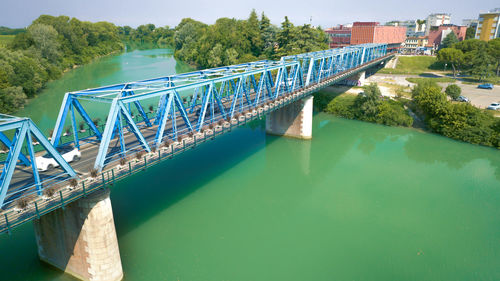 Ponte della vittoria and piave river in san dona di piave - panoramic view from above
