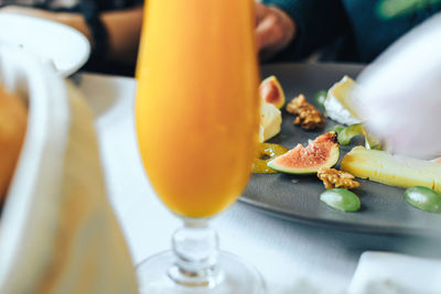 High angle view of fruits in plate on table