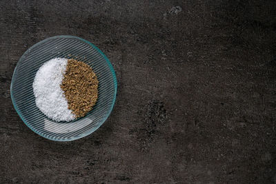 High angle view of food in bowl on table