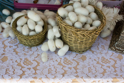 High angle view of food in wicker basket on table