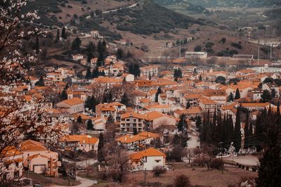High angle view of mountainous village in greece 
