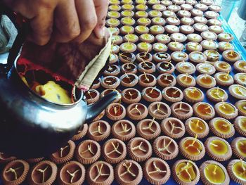 High angle view of man preparing food