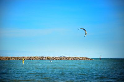 Person kiteboarding in sea against sky