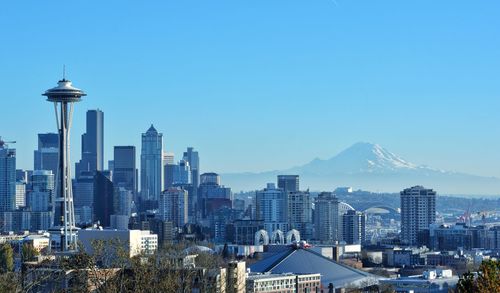 View of cityscape against blue sky