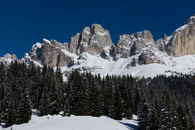 Snow covered land and trees against clear blue sky