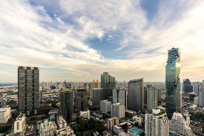 Bangkok city - aerial view  bangkok city urban downtown on blue sky background , city scape thailand