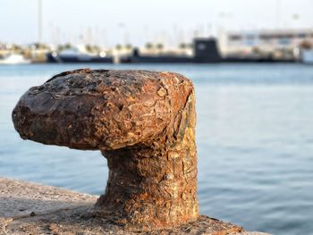 Close-up of rusty metal by sea