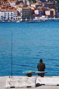 Rear view of man looking at river in city