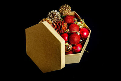 High angle view of christmas decoration in box