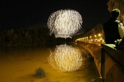 Reflection of illuminated lights in puddle