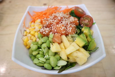 High angle view of salad in bowl on table