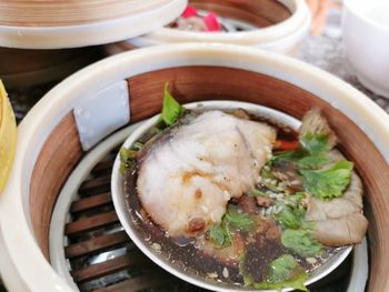 High angle view of soup in bowl on table