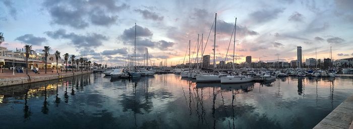 Panoramic view of harbor against cloudy sky