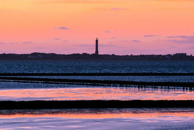 Scenic view of sea against orange sky