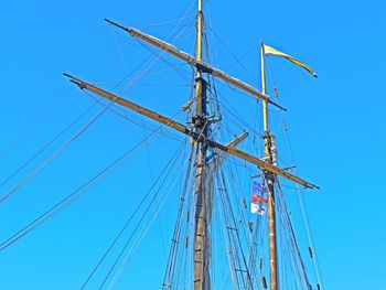 Low angle view of sailboat against clear blue sky