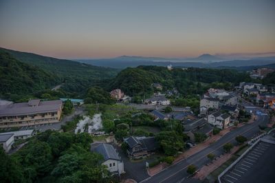 High angle view of buildings against sky