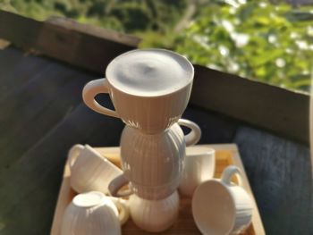 High angle view of coffee cup on table