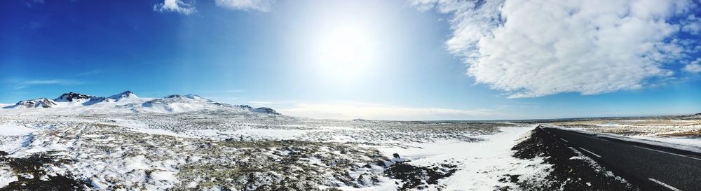 Panoramic view of snowcapped mountains against sky