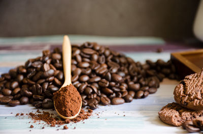 Close-up of coffee beans on table